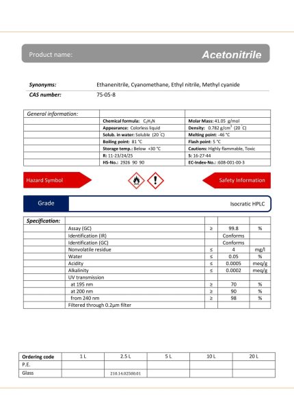 مشخصات استونیتریل گرید Isocratic HPLC | دکتر مجللی در فروشگاه شیمی من