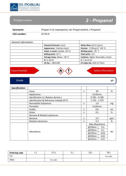 مشخصات و قیمت 2-پروپانول گرید BP | دکتر مجللی در فروشگاه شیمی من
