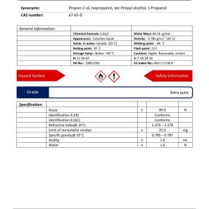 مشخصات 2-پروپانول گرید EXTRA PURE | دکتر مجللی در فروشگاه شیمی من