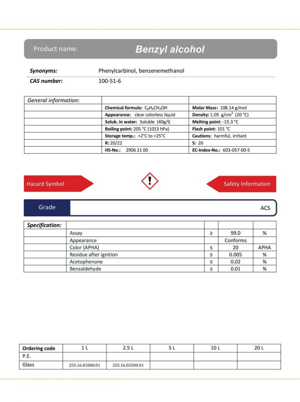 مشخصات بنزیل الکل گرید ACS دکتر مجللی