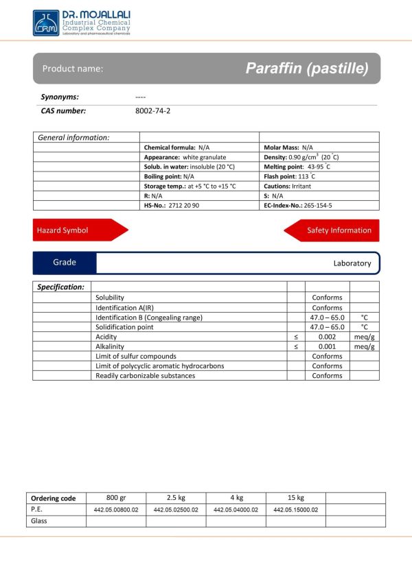 مشخصات پارافین جامد گرانول گرید laboratory | دکتر مجللی در فروشگاه شیمی من