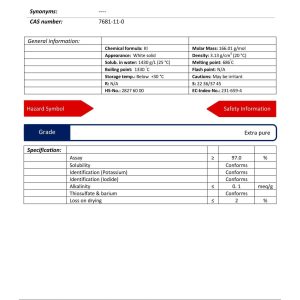 مشخصات پتاسیم آیداید گریدextra pure | دکتر مجللی در فروشگاه شیمی من