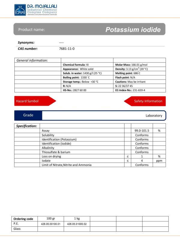 مشخصات پتاسیم آیداید گرید laboratory | دکتر مجللی در فروشگاه شیمی من