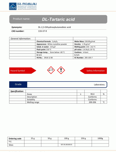 DL-تارتاریک اسید گرید Laboratory | دکتر مجللی