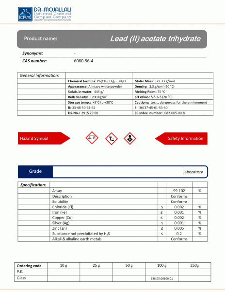 سرب (II) استات تری هیدرات گرید Laboratory | دکتر مجللی