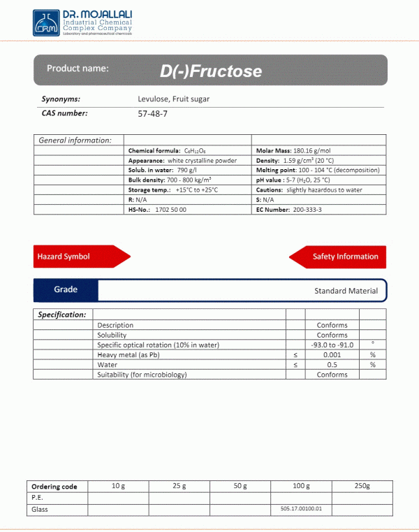 D(-) فروکتوز گرید Standard Material | دکتر مجللی